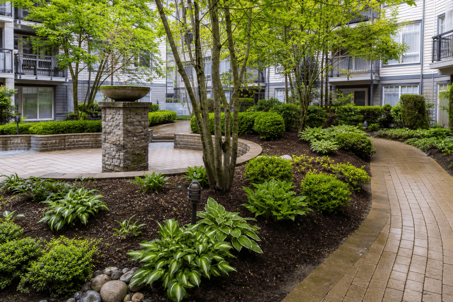 Strata courtyard reset with refreshed plantings and hardscape