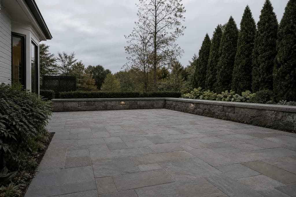 Paver patio with stone seat wall, chairs, and warm exterior lights on evergreen planting at dusk.